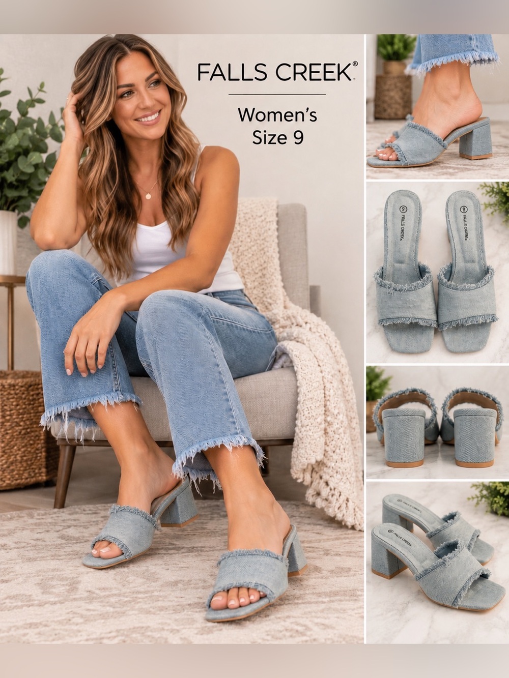 Falls Creek Maren Denim Frayed Block Heel Mule Sandals Women’s Size 9